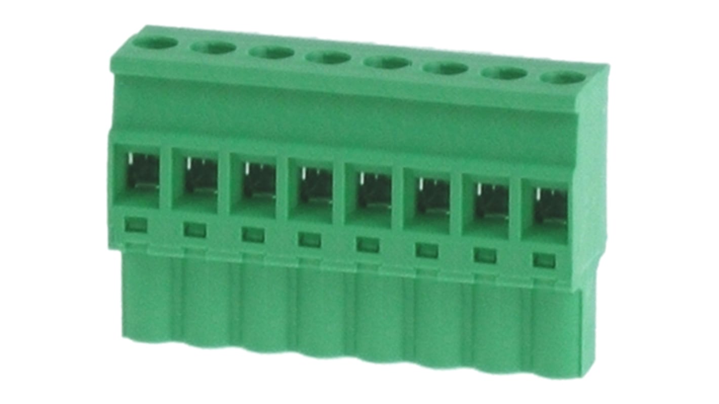 Borne para PCB Hembra Ángulo recto RS PRO de 8 vías , paso 5mm, 15A, de color Verde, montaje Montaje en orificio