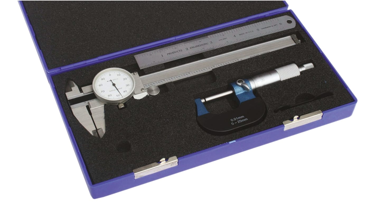 RS PRO Metric & Imperial Dial Caliper, Micrometer, Rule Measuring Set