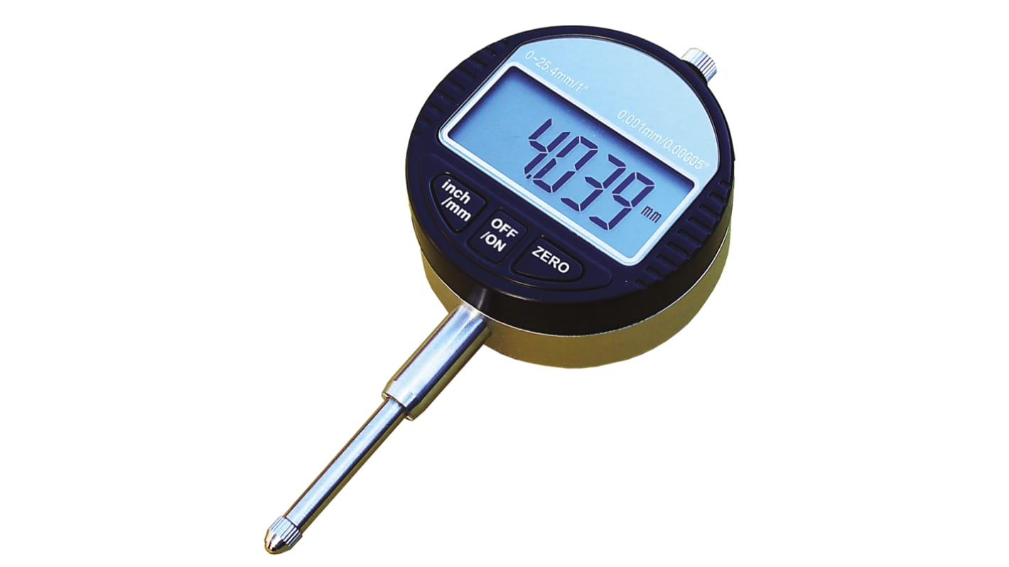 RS PRO Imperial/Metric Dial Indicator, 0 → 25 mm Measurement Range, 0.01 mm Resolution , ±0.05 mm Accuracy