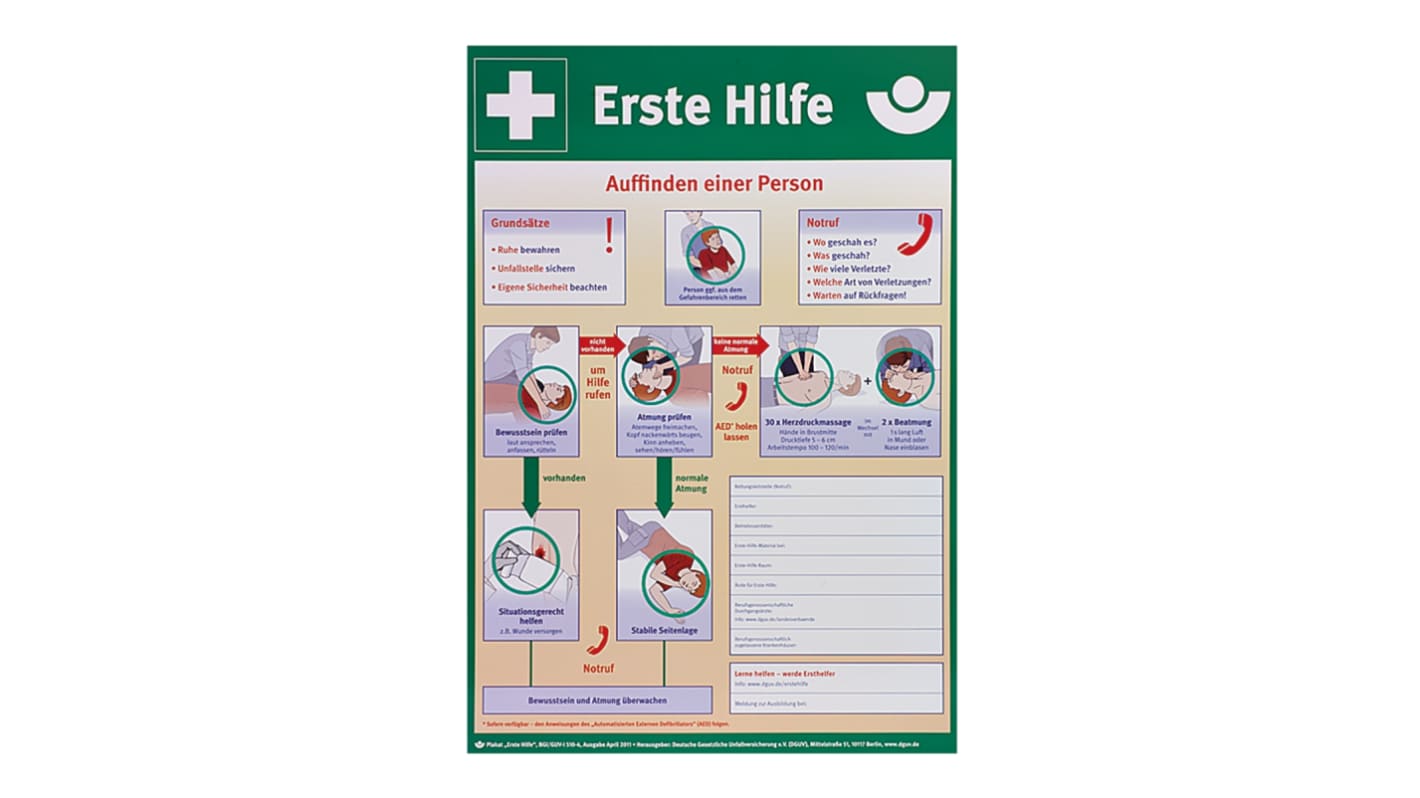 First Aid Safety Poster, Plastic, German