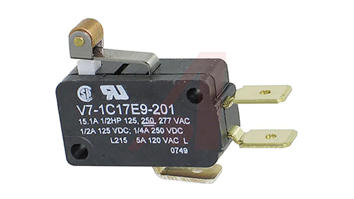 Honeywell Mikroschalter Rollenhebel-Betätiger Schnellverbindung, 15 A, 1-poliger Wechsler 1,72 N -40°C - +85°C