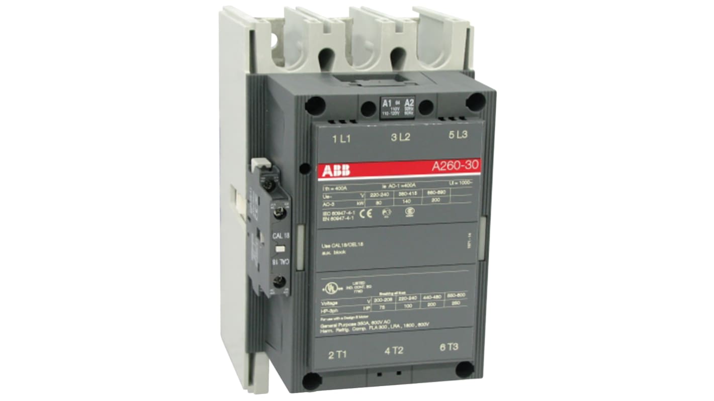ABB A260-30-11-84 A Line Contactor, 110 V ac @ 50 Hz, 120 V ac @ 60 Hz Coil, 3-Pole, 350 A, 250 hp @ 550 → 600 V