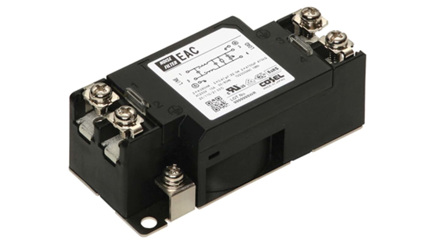 Cosel EAC Entstörfilter, 250 V ac/dc, 6A, Frontplattenmontage, Schraub, 1-phasig 0,5 mA / 150 kHz → 1MHz Single