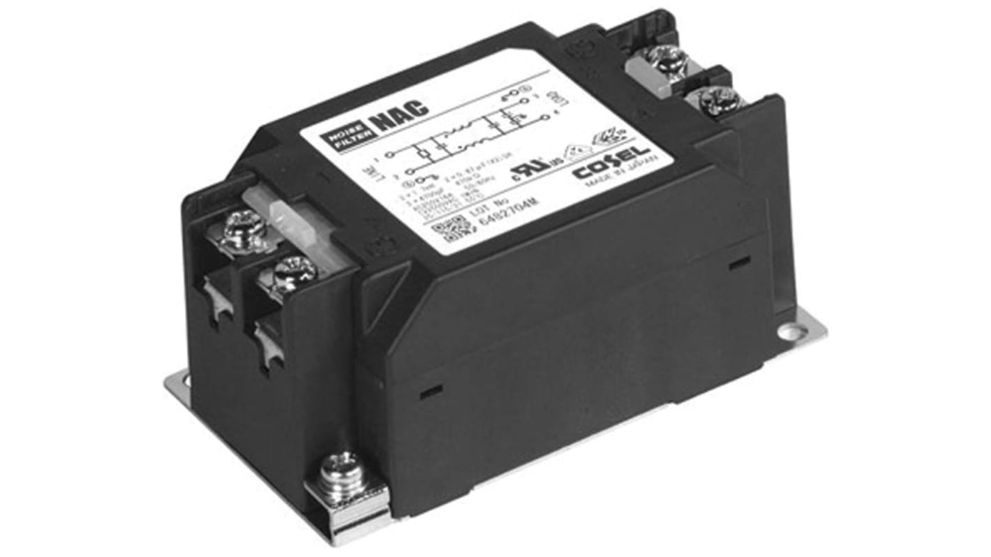 Cosel 单相RFI滤波器, 30A, 250 V 交流/直流, 150 kHz → 1MHz, 面板安装, 螺钉接端, 一阶, NAC系列