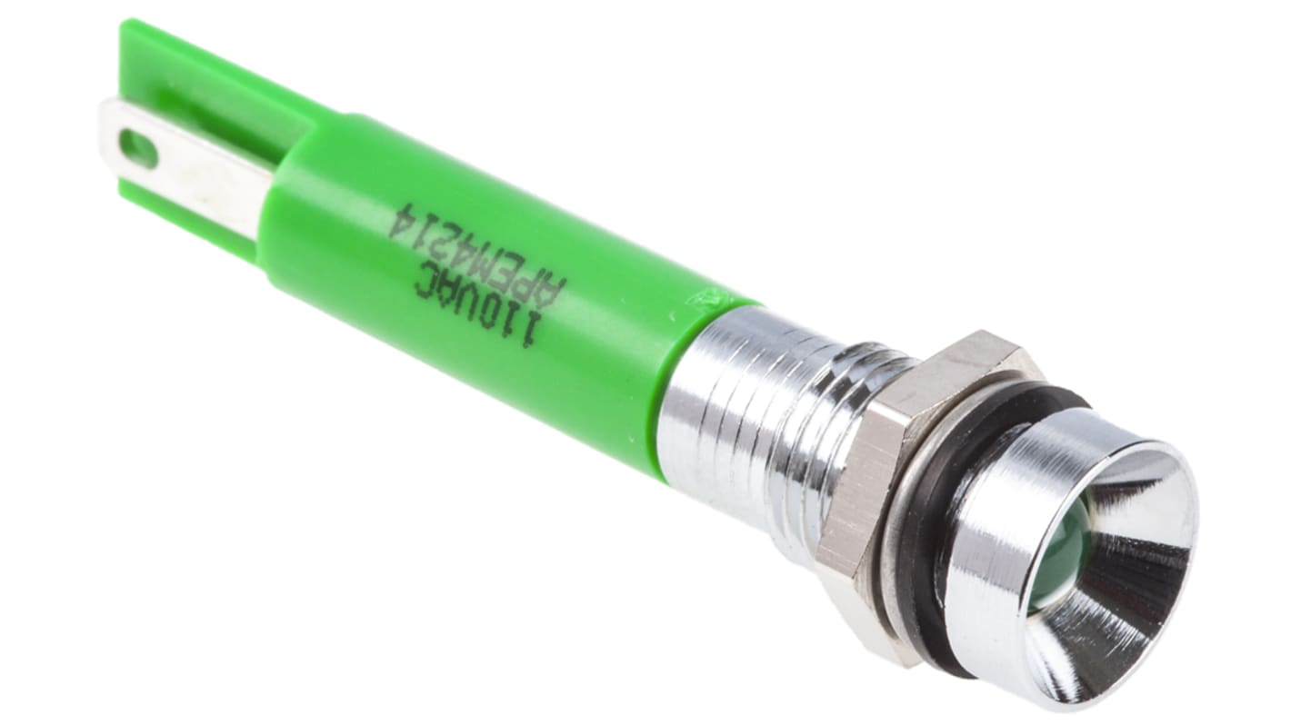 Indicatore da pannello RS PRO Verde  a LED, 110V ca, IP67, Ad incasso, foro da 8mm