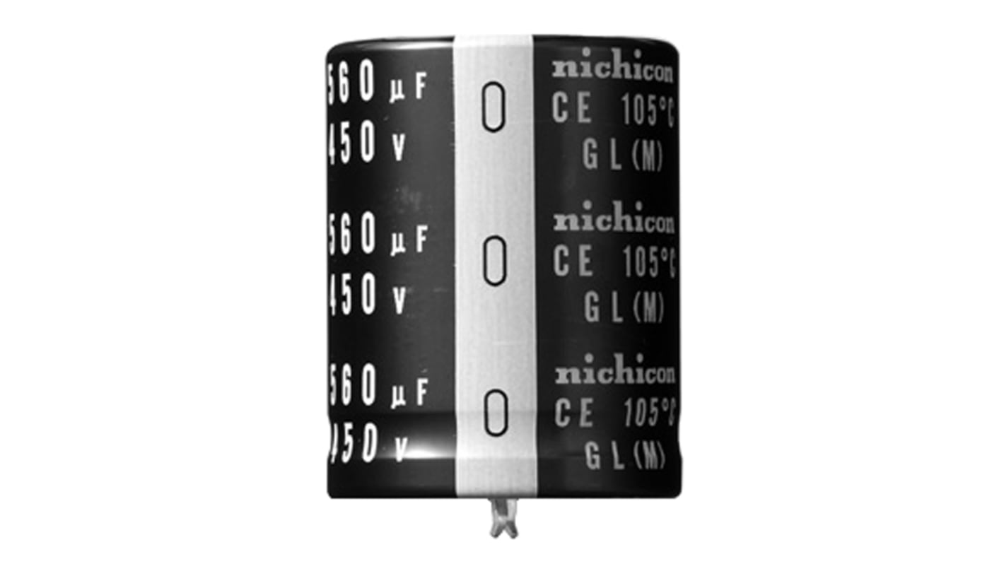 Condensatore Nichicon, serie GL, 560μF, 450V cc, ±20%, +105°C, Ad innesto