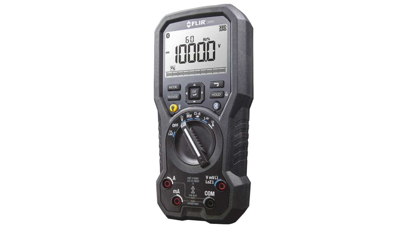 FLIR DM93 Handheld Digital Multimeter, True RMS, 10A ac Max, 10A dc Max, 1000V ac Max