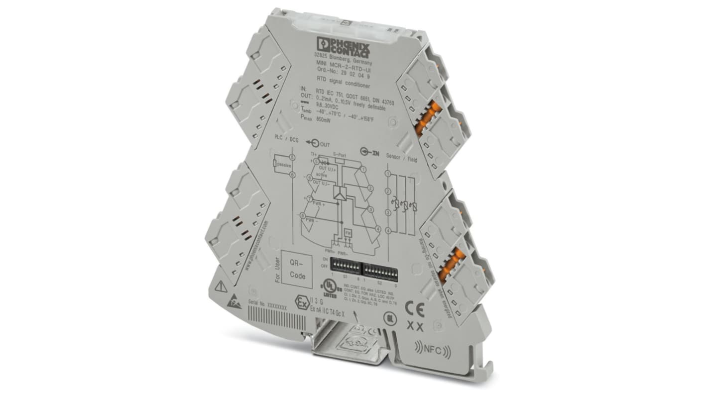 Phoenix Contact 温度转换器, 0 → 4000 Ω, -200 → +850°CRTD输入, 0 → 12.3 V ， 0 → 24.6mA电流，电压输出,