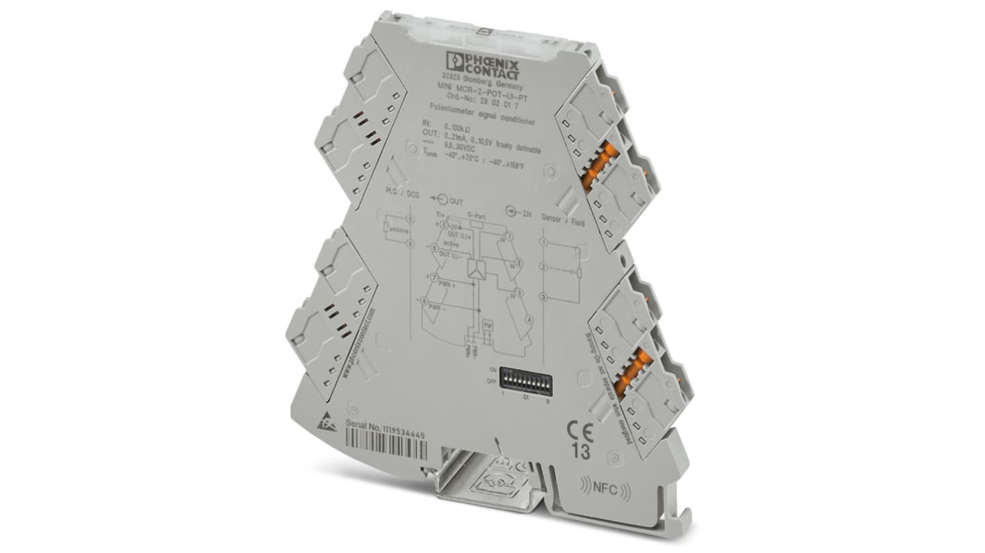 Phoenix Contact 电阻 / 位置变换器, 100 Ω → 100kΩ电阻输入, 0 → 12.3 V ， 0 → 24.6mA电流，电压输出, 9.6 → 30V