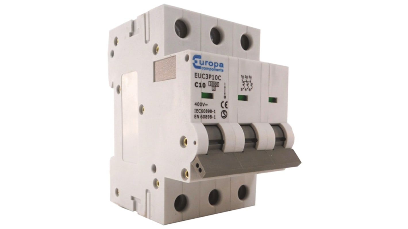 Europa C型MCB, 3极, 10 kA分断, 16A, 230VAC, EUC系列 EUC3P16C