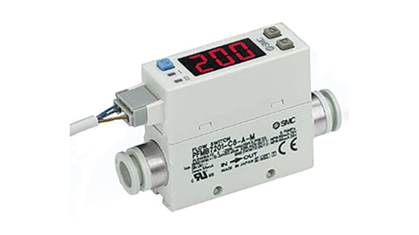 SMC PFMB7 Series Integrated Display Flow Switch for Air, Gas, 2 L/min Min, 200 L/min Max