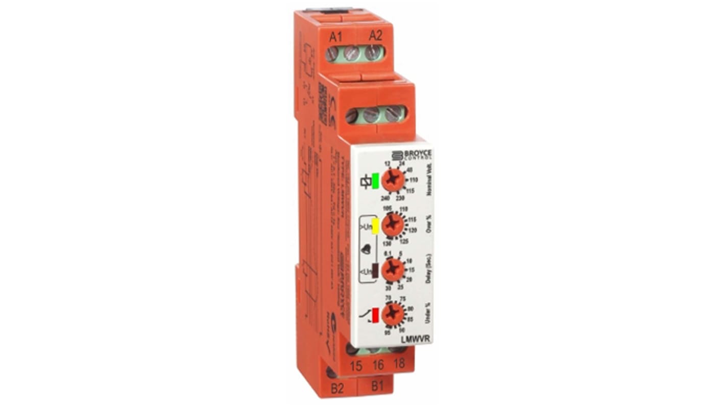 Broyce Control 过压/电压继电器, DIN导轨安装, SPDT, 可感应12 → 240V 交流/直流