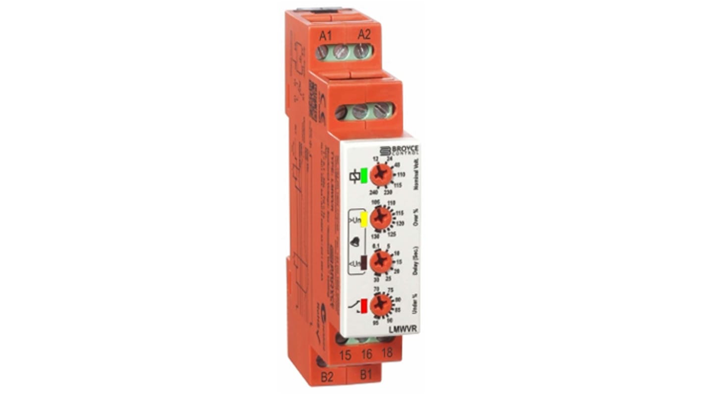 Broyce Control Voltage Monitoring Relay, SPDT, 12 → 240V ac/dc, DIN Rail