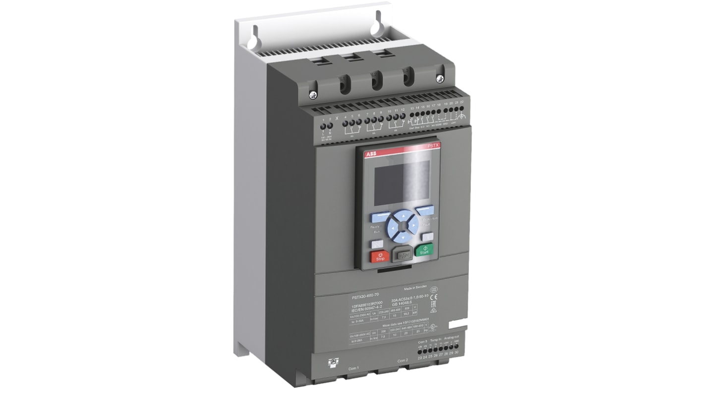 ABB 软启动器, 3相, 55（直插式）kW，90（内部三角形）kW, 208 → 600 V 交流, 147（内部三角形）A，85（直插式）A, IP10, IP20, 150mm x 194mm x 314mm,