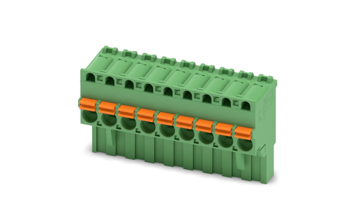 Borne enchufable para PCB Hembra Phoenix Contact de 9 vías, paso 5mm, 12A, de color Verde, terminación Mordaza de