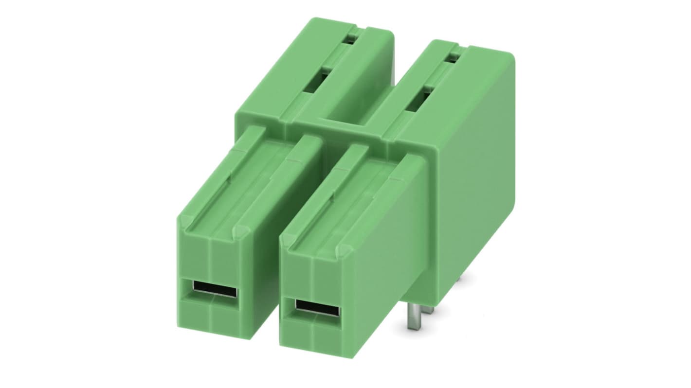 Phoenix Contact, 7.62mm Pitch, IPC 5/ 2-G-7.62, 2 Way, Right Angle, Pluggable Terminal Block, Inverted Header, Through