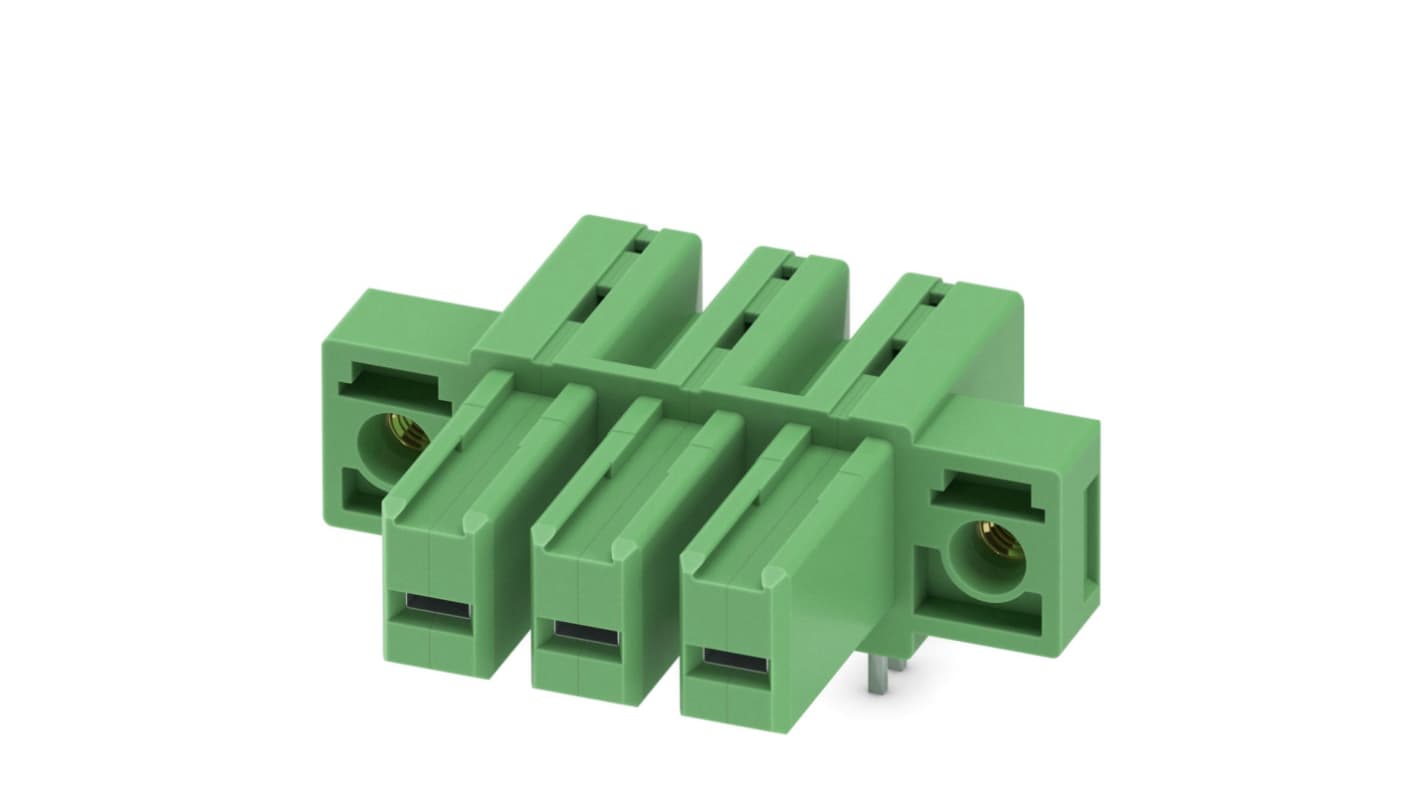 Phoenix Contact, 7.62mm Pitch, IPC 5/ 3-GF-7.62, 3 Way, Right Angle, Pluggable Terminal Block, Inverted Header, Through