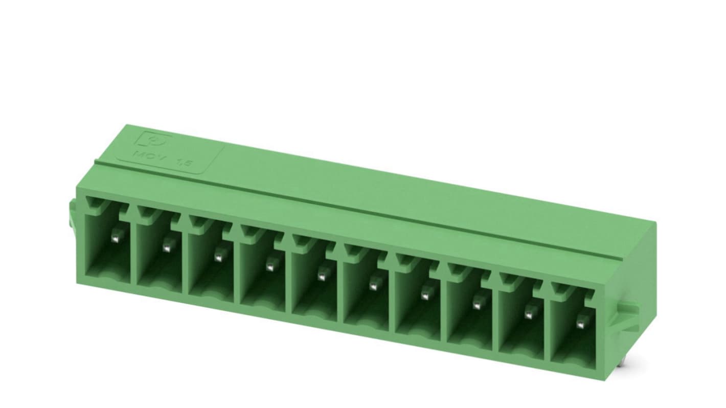 Phoenix Contact, 3.5mm Pitch, MC 1.5/10-G-3.5-RN, 10 Way, Right Angle, Pluggable Terminal Block, Header, Through Hole,