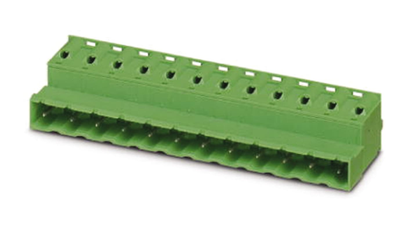 Borne enchufable para PCB Hembra Phoenix Contact de 2 vías, paso 7.62mm, 12A, de color Verde, terminación Mordaza de