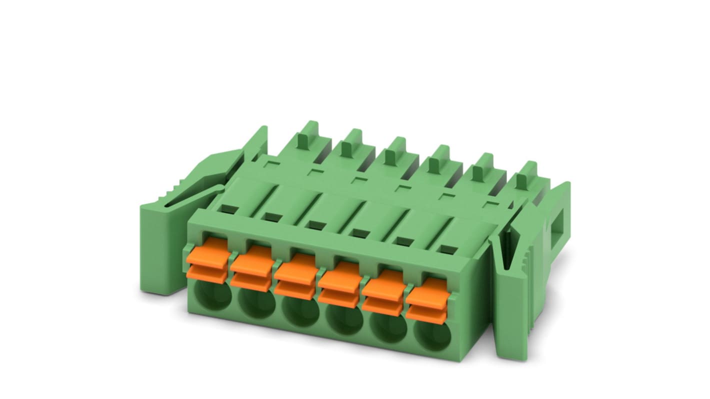 Borne enchufable para PCB Hembra Phoenix Contact de 6 vías , paso 3.5mm, 8A, de color Verde, montaje de cable,