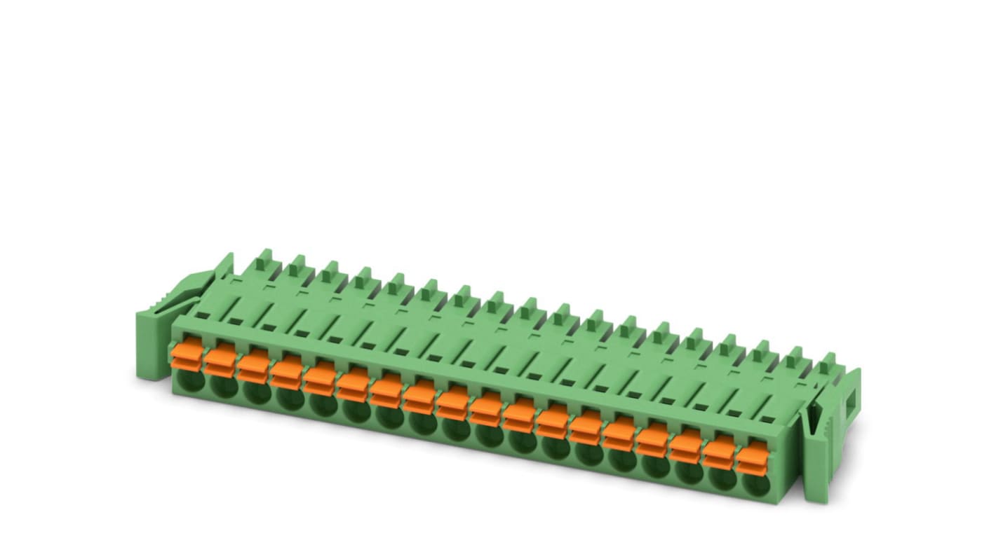 Phoenix Contact, 3.5mm Pitch, FMC 1.5/18-ST-3.5-RF, 18 Way, , Pluggable Terminal Block, Plug, Cable Mount, Spring Cage