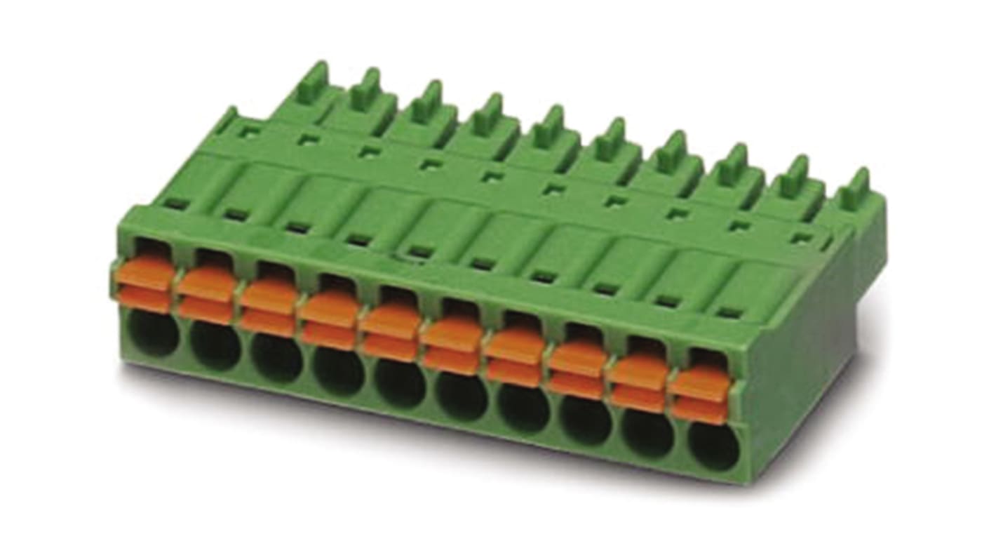 Borne enchufable para PCB Hembra Ángulo recto Phoenix Contact de 10 vías , paso 3.5mm, 8A, de color Verde, montaje de