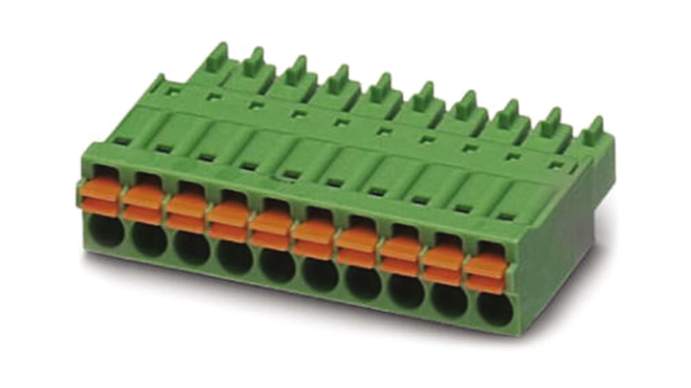 Phoenix Contact, 3.5mm Pitch, FMC 1.5/10-ST-3.5, 10 Way, , Pluggable Terminal Block, Plug, Cable Mount, Spring Cage