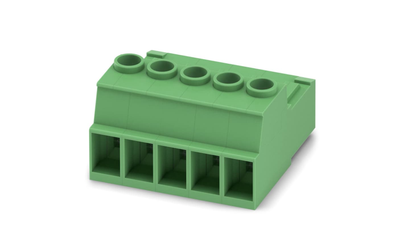 Phoenix Contact, 7.62mm Pitch, IPC 5/ 5-ST-7.62, 5 Way, , Pluggable Terminal Block, Inverted Plug, Cable Mount, Screw