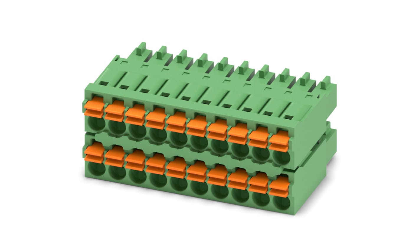 Phoenix Contact, 3.5mm Pitch, FMCD 1.5/10-ST-3.5, 20 Way, , Pluggable Terminal Block, Plug, Cable Mount, Spring Cage