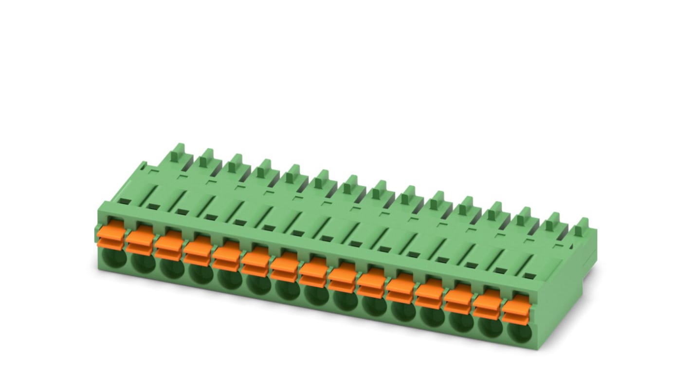 Phoenix Contact, 3.5mm Pitch, FMC 1.5/15-ST-3.5, 15 Way, , Pluggable Terminal Block, Plug, Cable Mount, Spring Cage