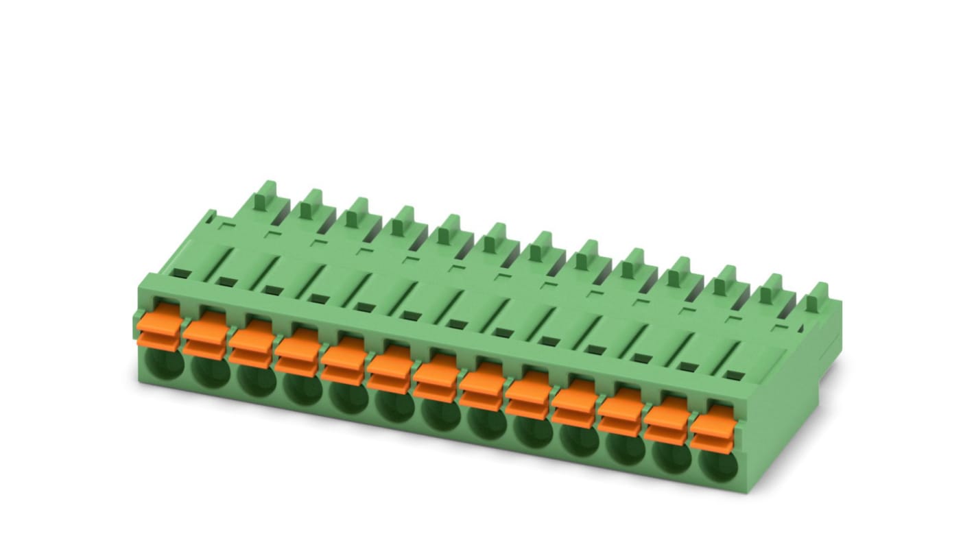 Phoenix Contact, 3.5mm Pitch, FMC 1.5/13-ST-3.5, 13 Way, , Pluggable Terminal Block, Plug, Cable Mount, Spring Cage