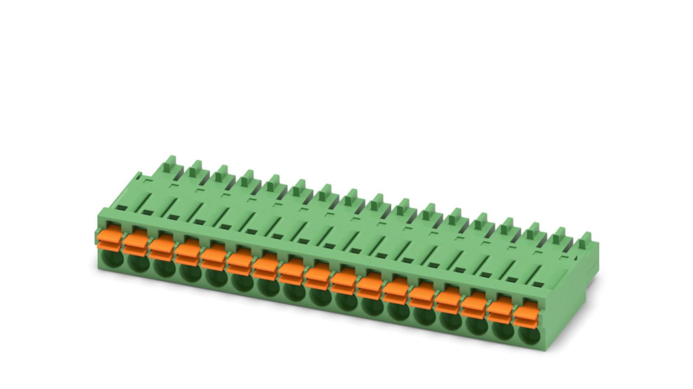 Phoenix Contact, 3.5mm Pitch, FMC 1.5/17-ST-3.5, 17 Way, , Pluggable Terminal Block, Plug, Cable Mount, Spring Cage