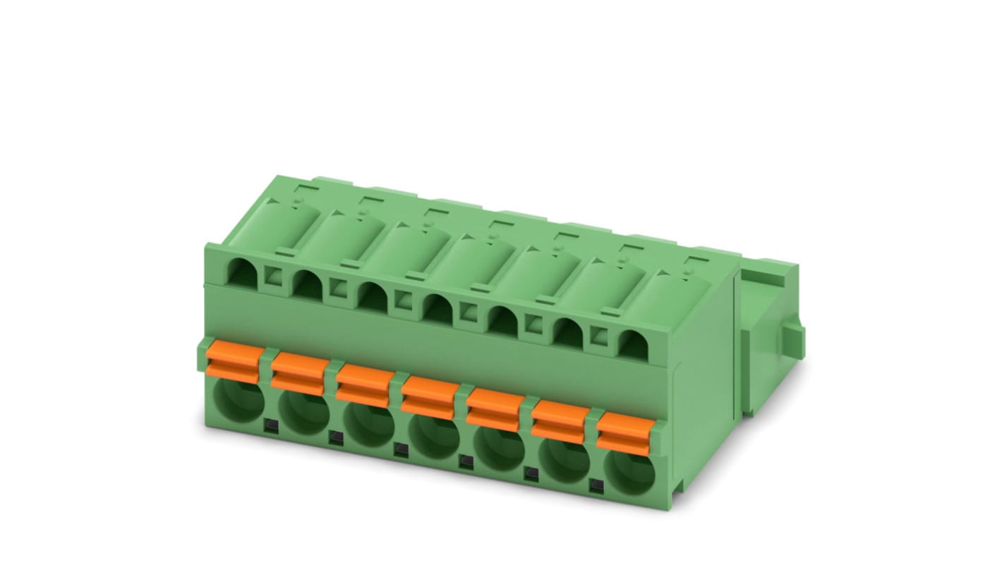 Borne enchufable para PCB Hembra Phoenix Contact de 7 vías, paso 5.08mm, 12A, de color Verde, terminación Mordaza de