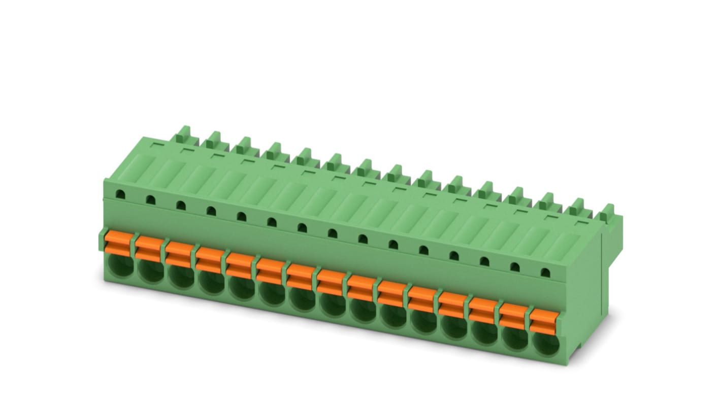 Phoenix Contact, 3.5mm Pitch, FK-MCP 1.5/15-ST-3.5, 15 Way, , Pluggable Terminal Block, Plug, Cable Mount, Spring Cage