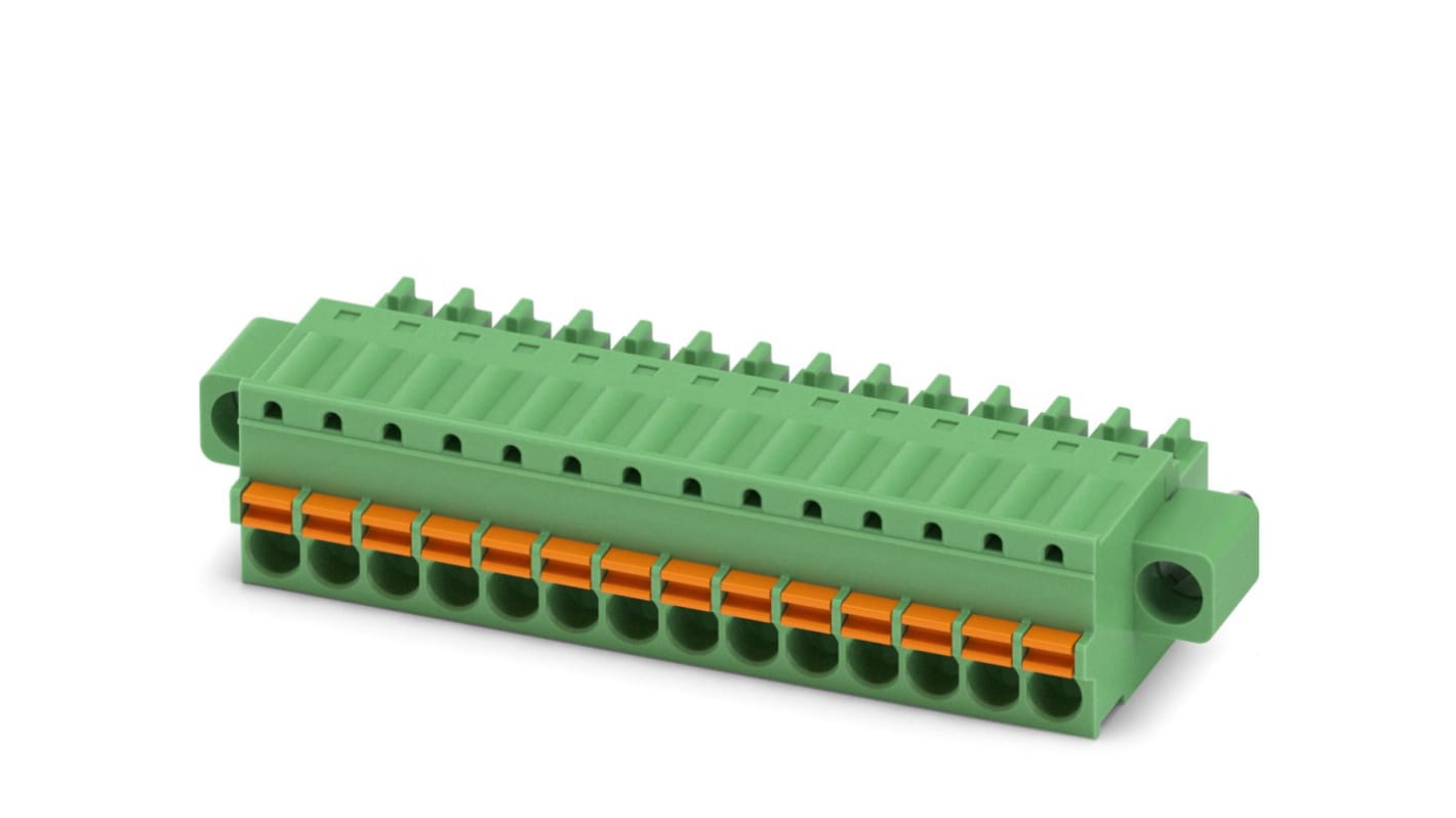 Phoenix Contact, 3.5mm Pitch, FK-MCP 1.5/14-STF-3.5, 14 Way, , Pluggable Terminal Block, Plug, Cable Mount, Spring Cage