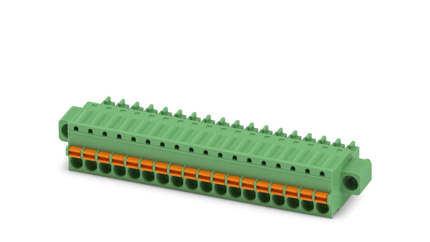 Borne enchufable para PCB Hembra Phoenix Contact de 18 vías, paso 3.5mm, 8A, de color Verde, terminación Mordaza de