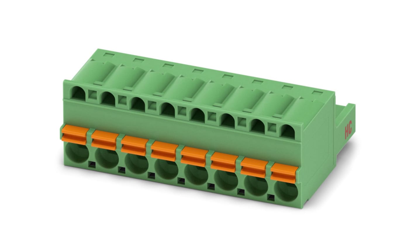 Borne enchufable para PCB Hembra Phoenix Contact de 8 vías, paso 5mm, 16A, de color Verde, terminación Mordaza de