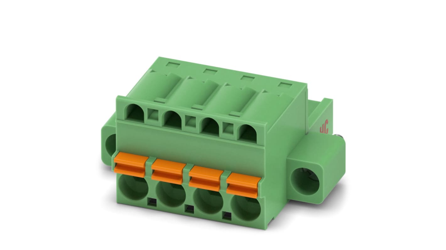 Borne enchufable para PCB Hembra Phoenix Contact de 4 vías, paso 5mm, 16A, de color Verde, terminación Mordaza de