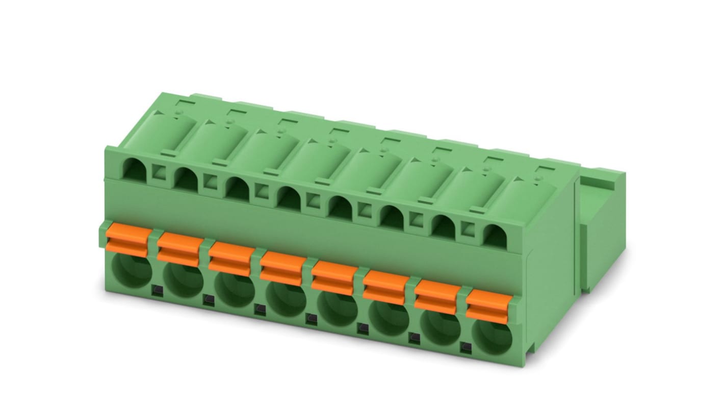 Borne enchufable para PCB Hembra Phoenix Contact de 8 vías, paso 5.08mm, 16A, de color Verde, terminación Mordaza de