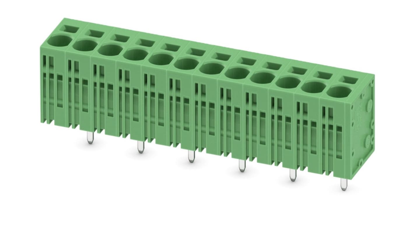 Phoenix Contact PCB端子排, 12p, 7.5mm间距, 41A, 1 kV, THT安装, 弹簧架端接, 绿色, SPT 5/12-V-7.5-ZB系列