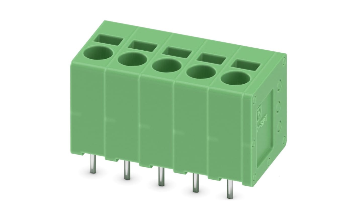 Phoenix Contact SPT 2.5/ 5-V-5.0-EX Series PCB Terminal Block, 5-Contact, 5mm Pitch, Through Hole Mount, Spring Cage