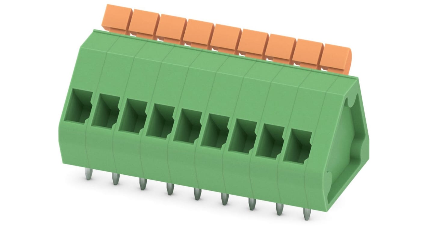 Phoenix Contact PCB端子排, 9p, 3.81mm间距, 12A, 400 V, THT安装, 弹簧架端接, 绿色, ZFKDSA 1-W-3.81- 9系列