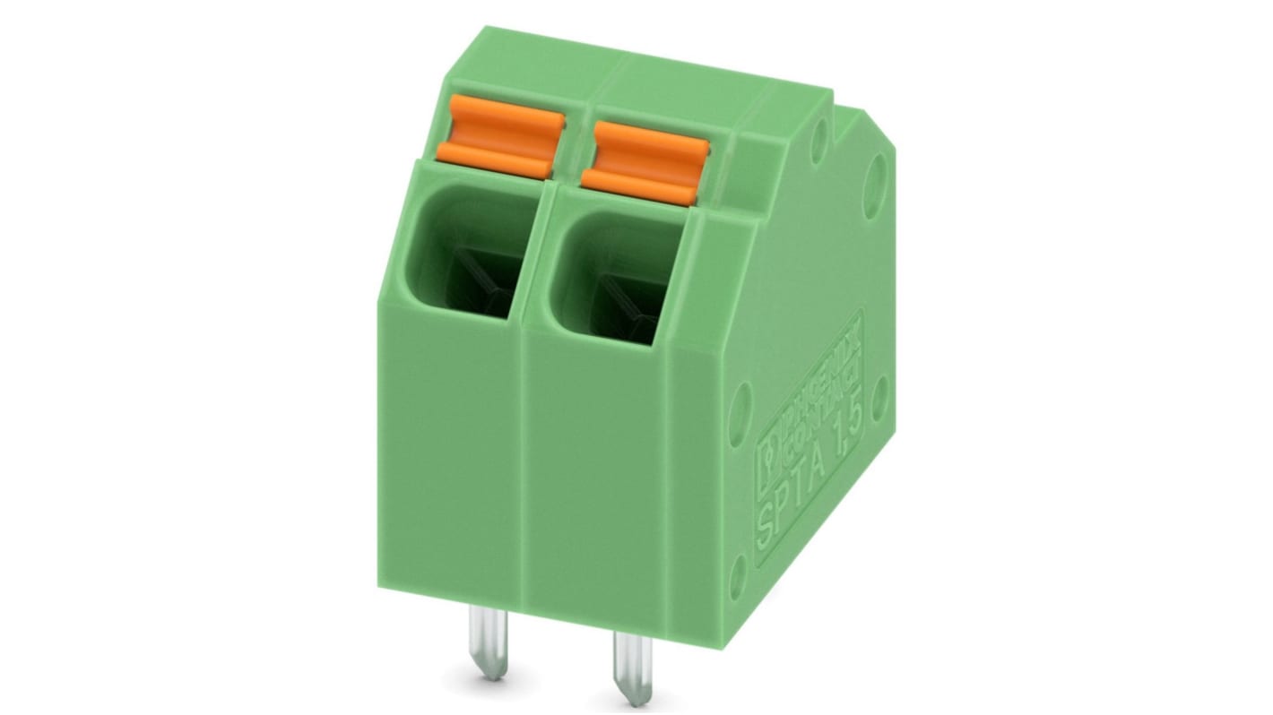 Phoenix Contact SPTA 1.5/ 2-3.81 Series PCB Terminal Block, 2-Contact, 3.81mm Pitch, Through Hole Mount, Spring Cage