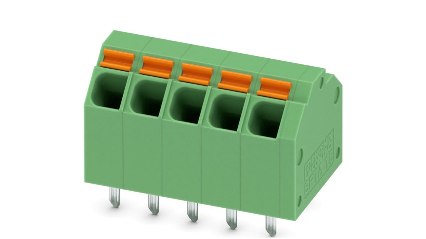 Phoenix Contact PCB端子排, 5p, 3.81mm间距, 9A, 320 V, THT安装, 弹簧架端接, 绿色, SPTA 1.5/ 5-3.81系列