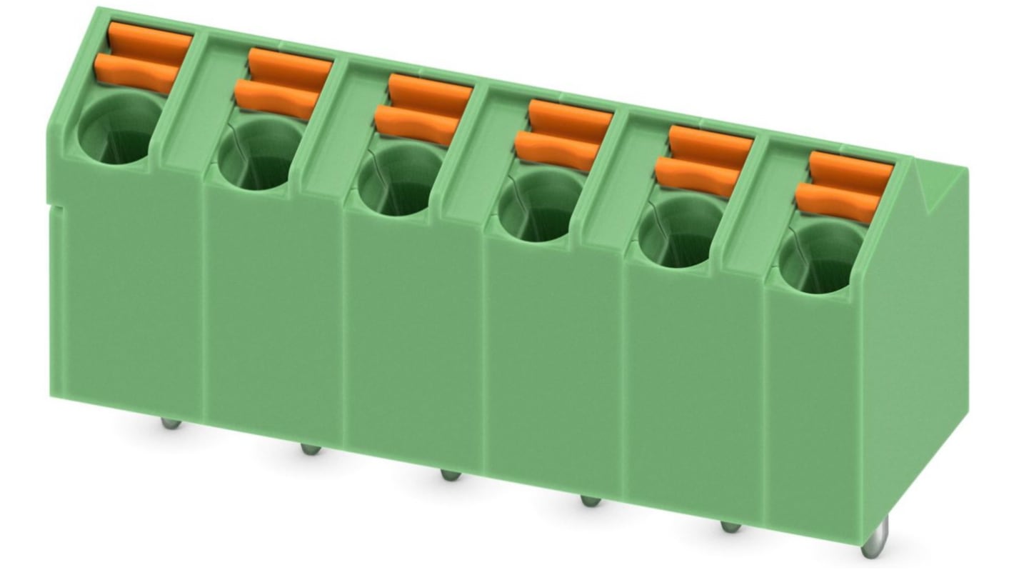 Phoenix Contact SPTA 1/ 6-5.0 Series PCB Terminal Block, 6-Contact, 5mm Pitch, Through Hole Mount, Spring Cage