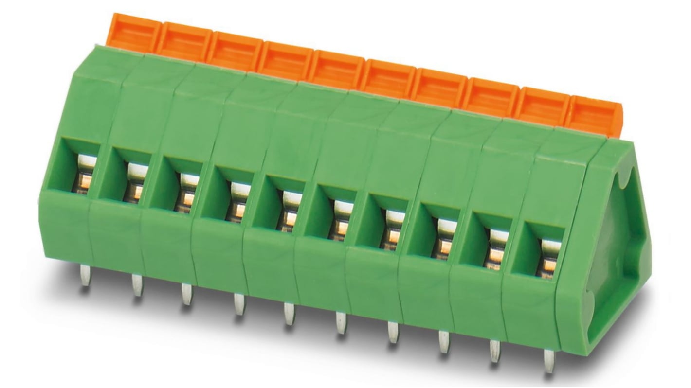 Phoenix Contact PCB端子排, 7p, 5.08mm间距, 16A, 630 V, THT安装, 弹簧架端接, 绿色, ZFKDSA 1.5-W-5.08- 7系列