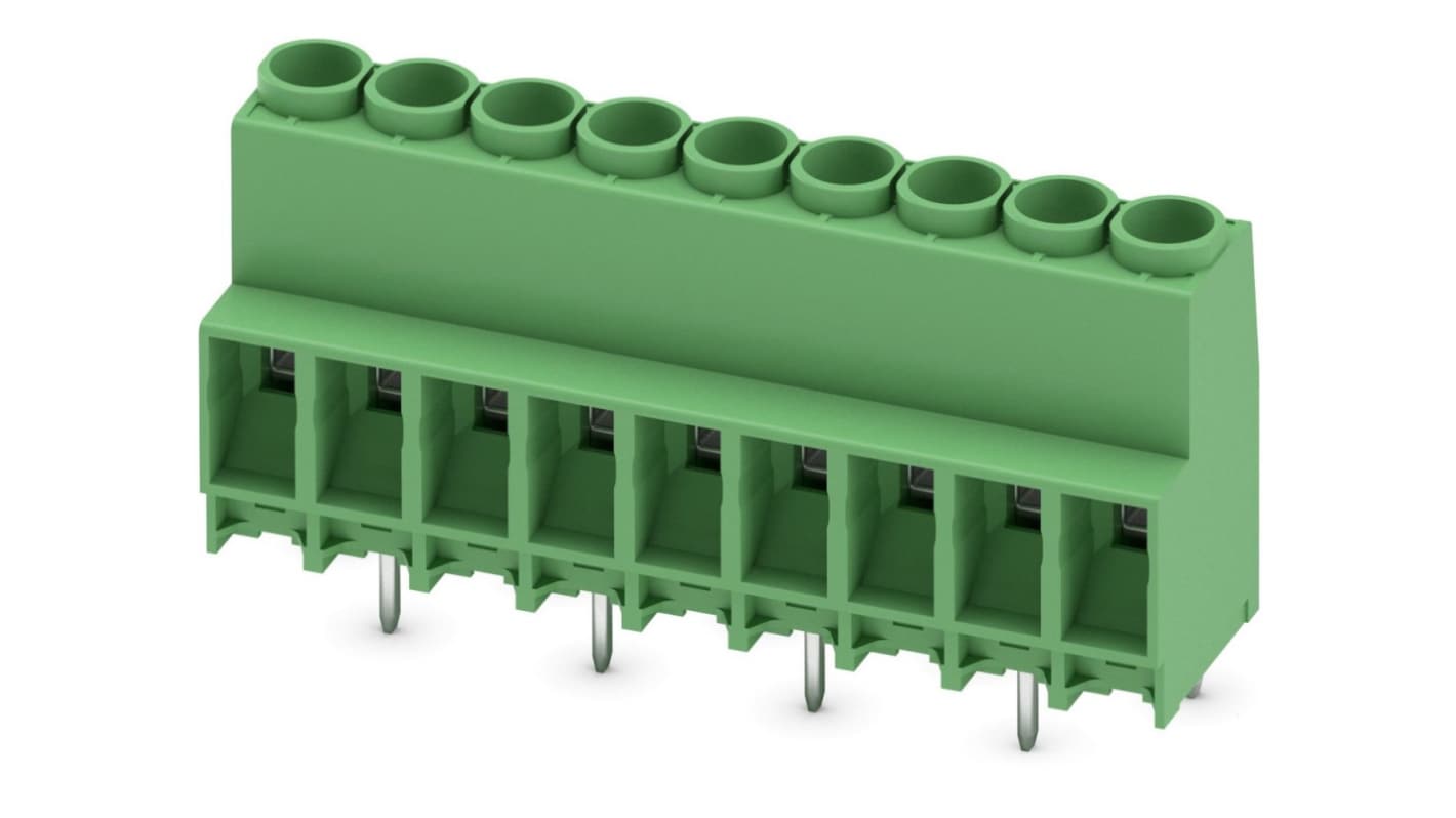 Borne para PCB Phoenix Contact de 9 vías, paso 6.35mm, 41A, de color Verde, montaje Montaje en orificio pasante,