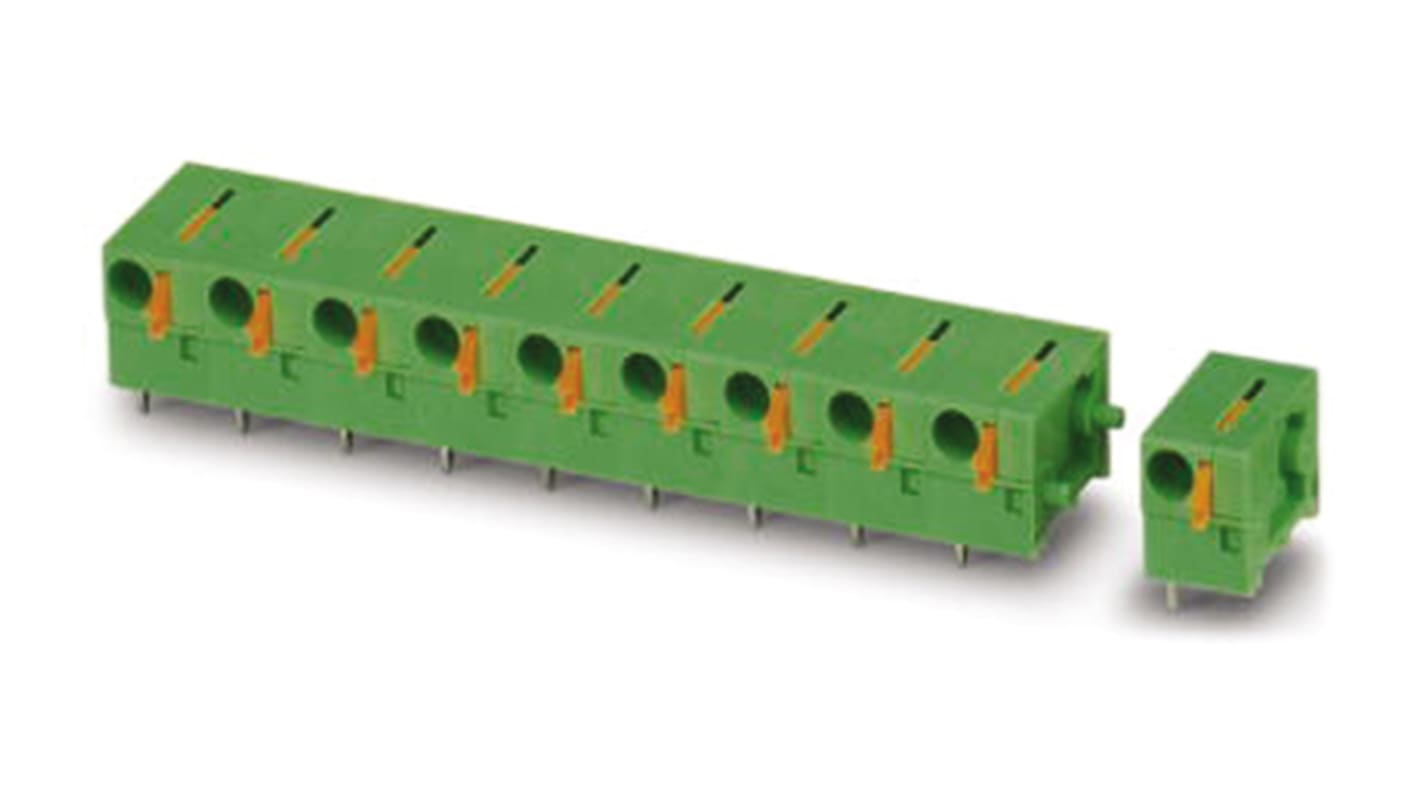 Borne para PCB Hembra Phoenix Contact de 4 vías, paso 7.62mm, 17.5A, de color Verde, montaje Montaje en orificio