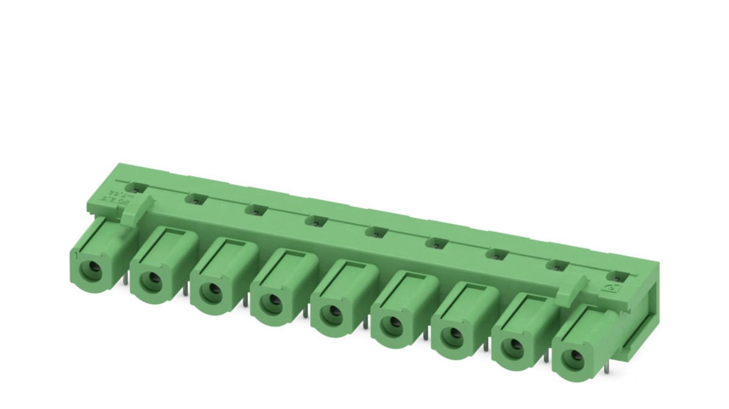 Phoenix Contact, 7.62mm Pitch, COMBICON Power, 9 Way, Right Angle, Pluggable Terminal Block, Inverted Header, Through