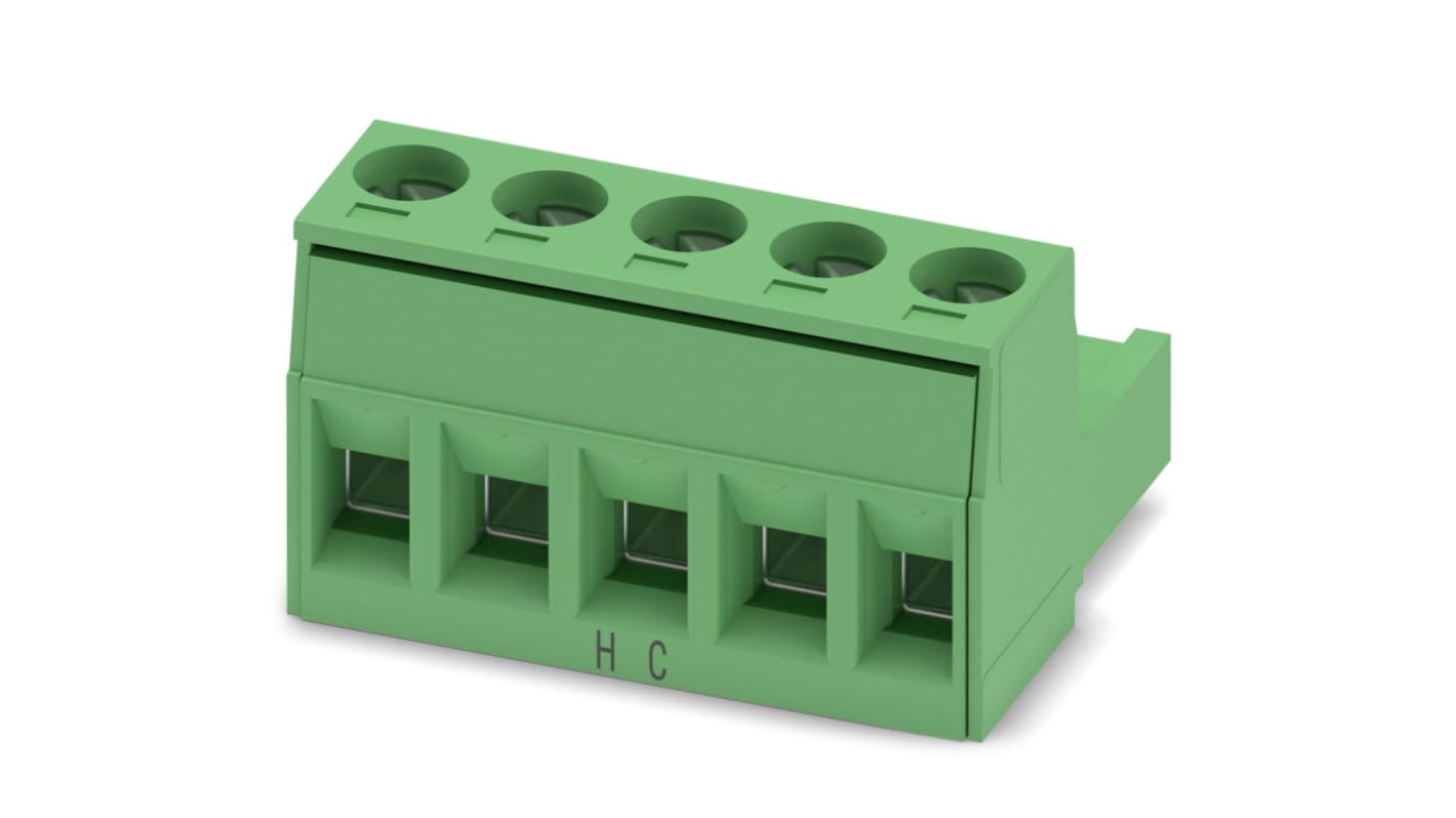 Borne enchufable para PCB Hembra Phoenix Contact de 5 vías, paso 5.08mm, 16A, de color Verde, terminación Tornillo